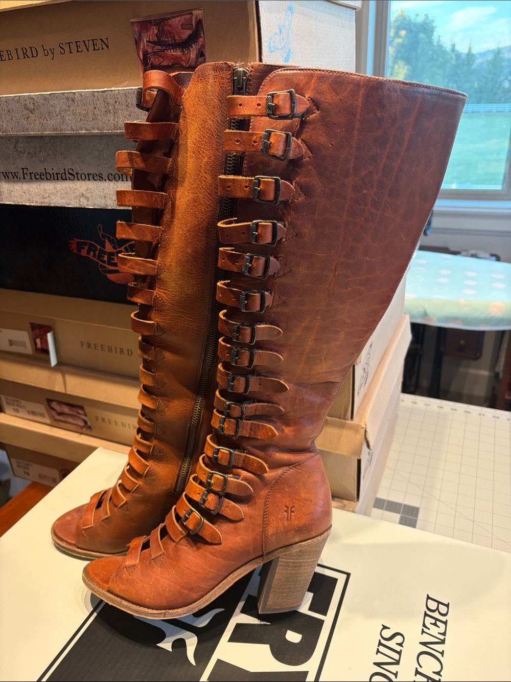 Frye Brown Leather Strappy Knee-High Gladiator Boots - Picture 2 of 6